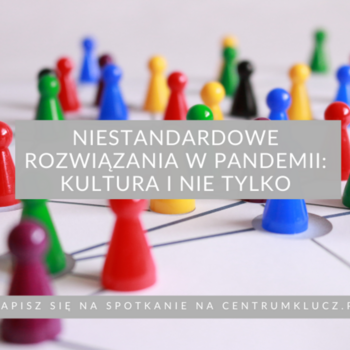 Plakat, na którym widać pionki do gry i napis: "Niestandardowe rozwiązania w pandemii: Kultura i nie tylko" 